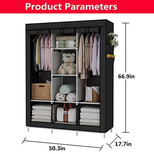 UDEAR Armario de Tela Plegable Ropa Organizador Closet portátil Guardarropa Negro