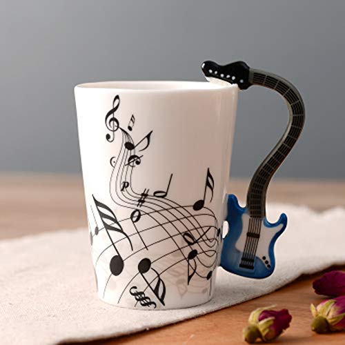 ufengke Creativo Guitarra Azul Tazas Mug De Porcelana Tazas De Café Personalizadas, Notas Musicales Taza De Té De Cerámica, para Regalo, La Familia Y La Oficina