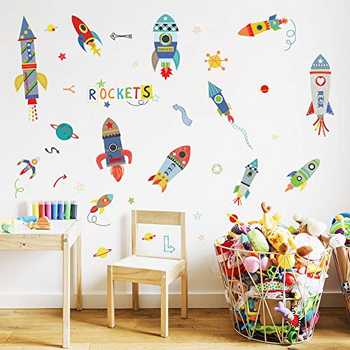 ufengke Pegatinas de Pared Cohetes de Colores Vinilos Adhesivos Pared Espacio Exterior Planetas Decorativos para Dormitorio Habitación Infantiles Niños Bebé