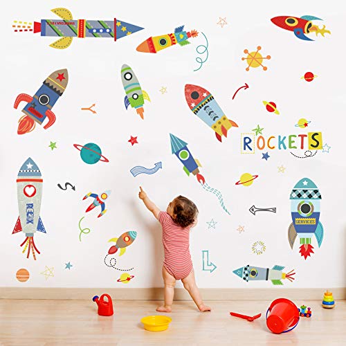 ufengke Pegatinas de Pared Cohetes de Colores Vinilos Adhesivos Pared Espacio Exterior Planetas Decorativos para Dormitorio Habitación Infantiles Niños Bebé