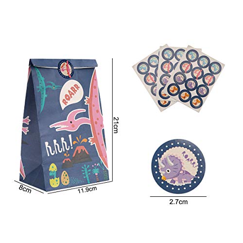 Ulikey Bolsa de Dulces de Dinosaurio, 32 pcs Bolsa de Regalo Papel Kraft, Bolsas de Papel de Caramelos con Pegatina Dinosaurio, Regalo Bolsas para Niños Suministros Fiesta de Cumpleaños