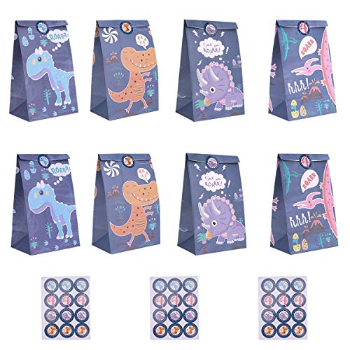 Ulikey Bolsa de Dulces de Dinosaurio, 32 pcs Bolsa de Regalo Papel Kraft, Bolsas de Papel de Caramelos con Pegatina Dinosaurio, Regalo Bolsas para Niños Suministros Fiesta de Cumpleaños