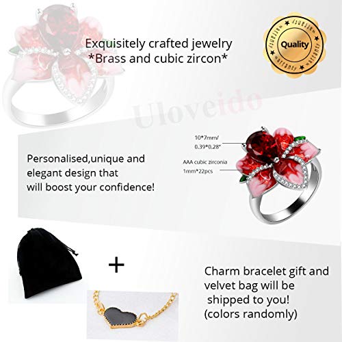 Uloveido Fashion Bloom Anillo de cóctel floral para mujer Anillo de cóctel Chapado en oro blanco Gran rosa Anillos de flores para mujeres y niñas (Talla 19) RA627