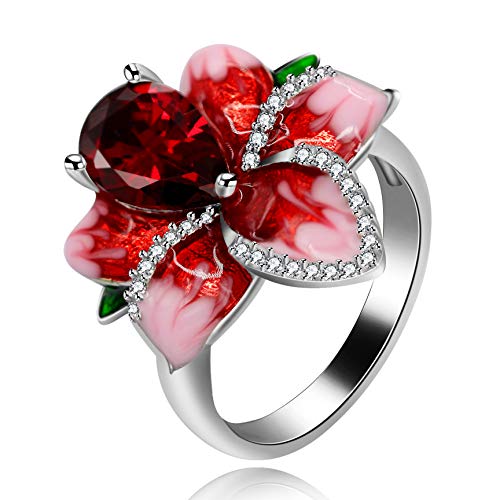 Uloveido Fashion Bloom Anillo de cóctel floral para mujer Anillo de cóctel Chapado en oro blanco Gran rosa Anillos de flores para mujeres y niñas (Talla 19) RA627