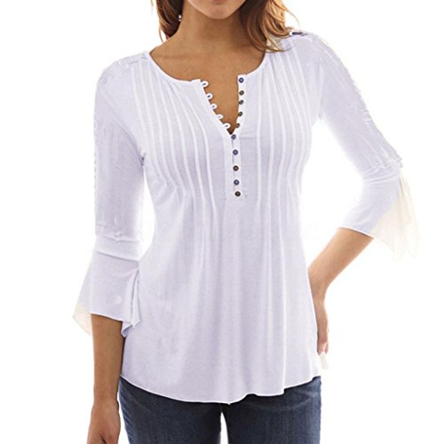 UMIPUBO Mujer Blusa 3/4 Manga Camisas Elegante Camisetas Primavera Verano Cuello en V Tops (M, Blanco)