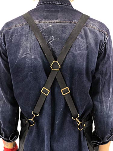 Under NY Sky Delantal Barbero Negro - Resistente al Agua y Manchas - Bolsillos, Trabillas, Correas Espalda Cruzadas de Cuero y Remachados - Hombre, Mujer, Barbero, Peluquero, Colorista, Barman, Salón