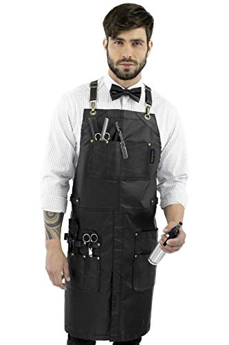 Under NY Sky Delantal Barbero Negro - Resistente al Agua y Manchas - Bolsillos, Trabillas, Correas Espalda Cruzadas de Cuero y Remachados - Hombre, Mujer, Barbero, Peluquero, Colorista, Barman, Salón