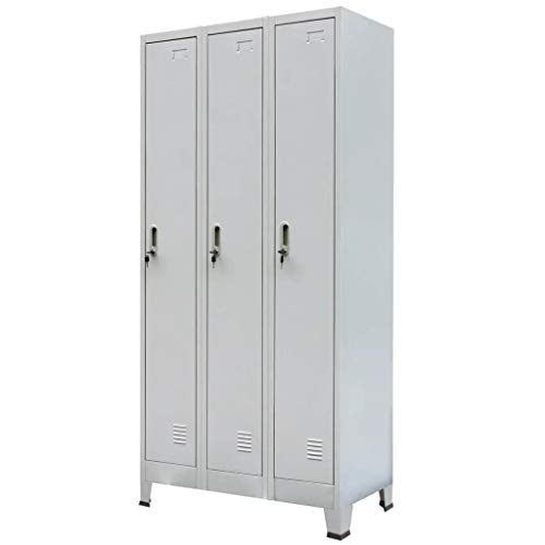 UnfadeMemory Armario Almacenaje Metalico de Vestuarios Deportivos,Vestuarios de Empresa,Armario Taquilla con Protectores de Plástico en Patas,Acero,Gris (3 Compartimentos,90x45x180cm)
