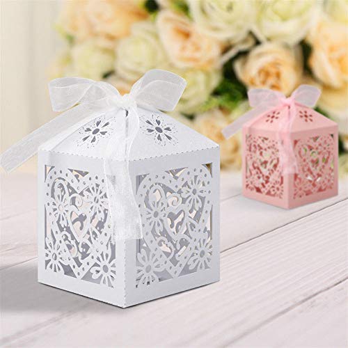 UNHO Caja de Dulces para Boda Blanca Cajas de Caramelos de Papel Cajas para Regalos de Invitados con Cintas para Fiestas Bodas Cumpleaños y Bautizos 25 Piezas