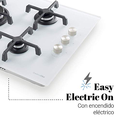 UNIVERSALBLUE | Placa de Gas Butano y Natural Blanca| 3 Fuegos | Potencia Total 6200 W | Cristal Templado | Encendido eléctrico