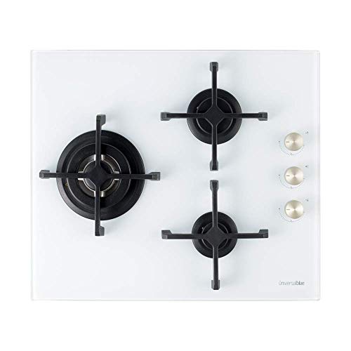 UNIVERSALBLUE | Placa de Gas Butano y Natural Blanca| 3 Fuegos | Potencia Total 6200 W | Cristal Templado | Encendido eléctrico