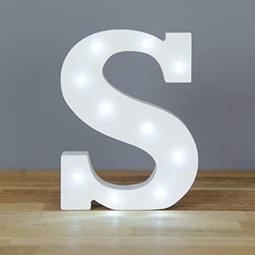 Up in Lights Muestra decorativa de madera blanca de las letras del LED - colgante de pared con pilas - Letra S