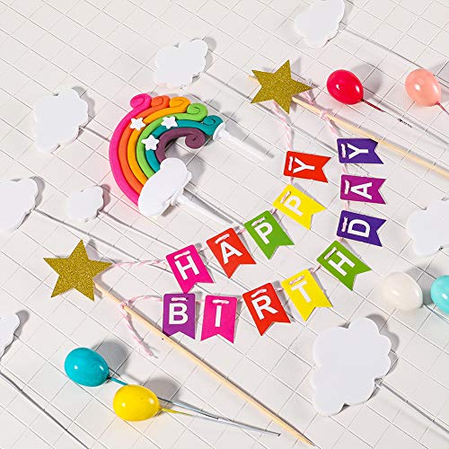upain Decoración para Tartas Arco Iris Decoración de Pasteles Cupcake Toppers con Cloud Rainbow Star Globos de Colores Tarjeta de Feliz Cumpleaños Kit para Infantiles Niños Niñas Tartas Cumpleaños