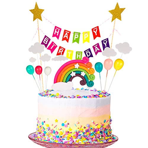 upain Decoración para Tartas Arco Iris Decoración de Pasteles Cupcake Toppers con Cloud Rainbow Star Globos de Colores Tarjeta de Feliz Cumpleaños Kit para Infantiles Niños Niñas Tartas Cumpleaños