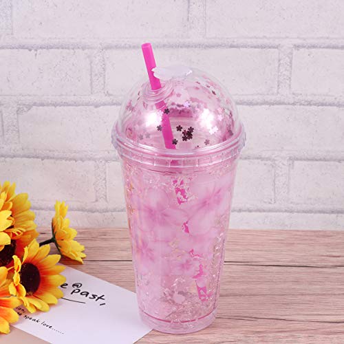 UPKOCH Vaso de plástico con pajita y tapa de doble pared, con purpurina y estrella, 480 ml, plástico, rosa, 22 x 10 x 10cm
