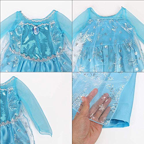 URAQT Vestido de Princesa Elsa, Reina Frozen Disfraz Elsa Vestido Infantil Niñas Costume Azul Cosplay de Disney Disfraz de Halloween, Cumpleaños, Carnaval y la Fiesta (120)