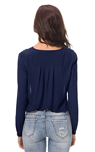 Urban GoCo Blusa de Gasa con Escote en V Mangas Largas y el Dobladillo en el Hombro para Mujeres (M, Azul Marino)