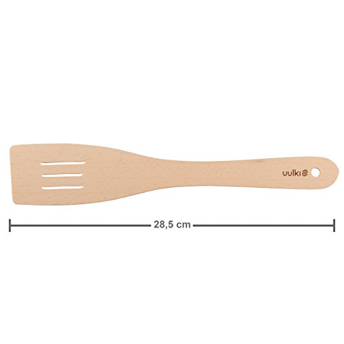 Uulki® 6 piezas Utensilios de Cocina Madera de Haya: 3 Cucaharas de Cucina y 3 Espumadera Espátula Paletas Spatole con Ranuras