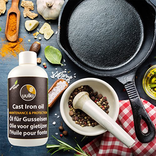 Uulki Aceite y Acondicionador para Hierro Fundido - para Mantenimiento de Sartenes, Ollas, Parrillas, hornos holandeses de Hierro Fundido - Prevención de la Roya - 100% Vegetales/Veganos (250ml)