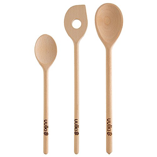 Uulki® Juego de cocina de madera de haya – Cucharas, Espátulas Spatole madera, Espátulas reposteria silicona, Pinzas de Barbacoa Parilla Grill BBQ, Cubiertos para servir Ensalada – Set Ecológicos de Europa (de 10 utensilios)