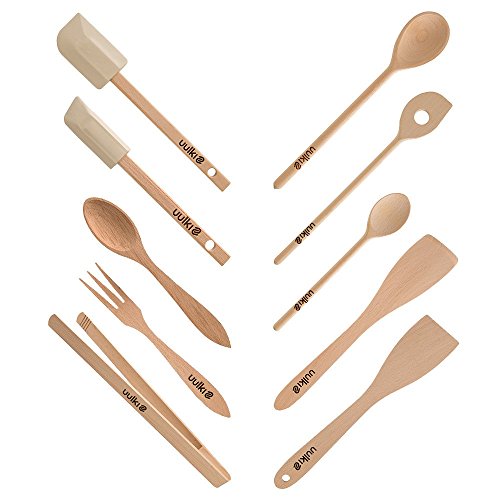 Uulki® Juego de cocina de madera de haya – Cucharas, Espátulas Spatole madera, Espátulas reposteria silicona, Pinzas de Barbacoa Parilla Grill BBQ, Cubiertos para servir Ensalada – Set Ecológicos de Europa (de 10 utensilios)