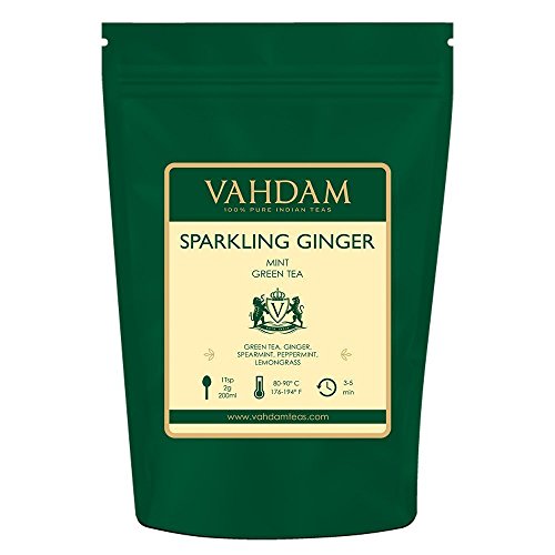 VAHDAM, hojas sueltas de té verde menta espumante de jengibre (100 tazas) | ANTIOXIDANTES RICOS | Mezcla de té de jengibre y té de menta | Preparar como té caliente o té helado | 100gr (juego de 2)