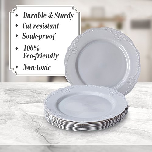 VAJILLA PARA FIESTAS DESECHABLE DE 20 PIEZAS | 20 platos para postre | Platos de plástico resistente | Elegante aspecto de porcelana fina | Para bodas y comidas de lujo (Vintage - Gris | 19 cm)