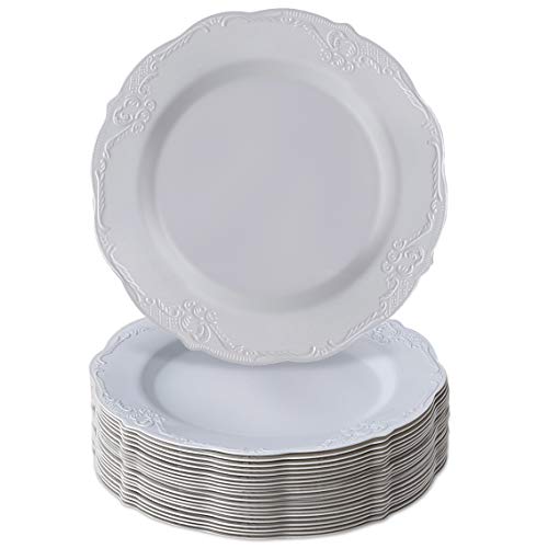 VAJILLA PARA FIESTAS DESECHABLE DE 20 PIEZAS | 20 platos para postre | Platos de plástico resistente | Elegante aspecto de porcelana fina | Para bodas y comidas de lujo (Vintage - Gris | 19 cm)