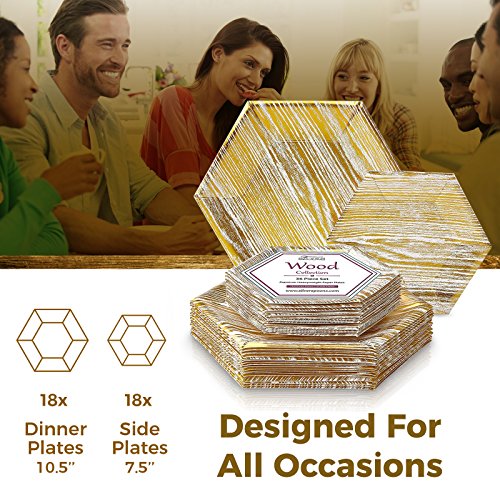VAJILLA PARA FIESTAS DESECHABLE DE 36 PIEZAS | 18 platos grandes | 18 platos auxiliares | Platos de cartón resistente | Diseño hexagonal | Para bodas y comidas de lujo (Wood Collection – Blanco/Oro)