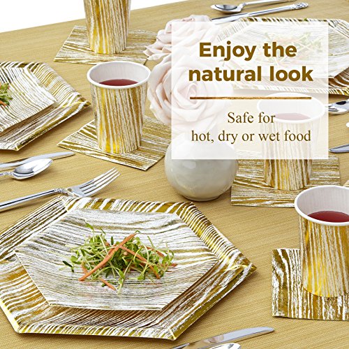 VAJILLA PARA FIESTAS DESECHABLE DE 36 PIEZAS | 18 platos grandes | 18 platos auxiliares | Platos de cartón resistente | Diseño hexagonal | Para bodas y comidas de lujo (Wood Collection – Blanco/Oro)
