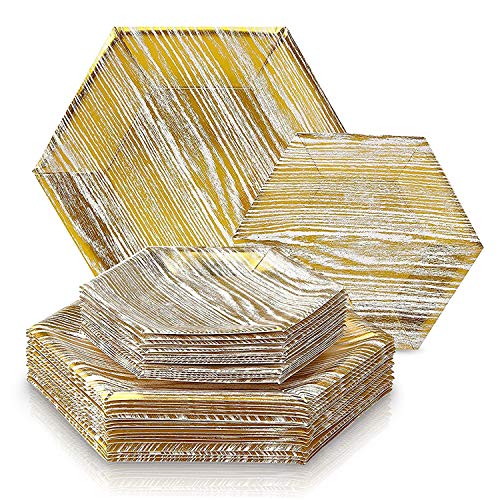 VAJILLA PARA FIESTAS DESECHABLE DE 36 PIEZAS | 18 platos grandes | 18 platos auxiliares | Platos de cartón resistente | Diseño hexagonal | Para bodas y comidas de lujo (Wood Collection – Blanco/Oro)
