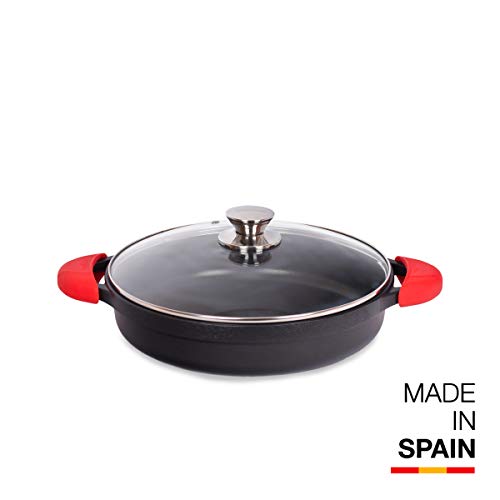 Valira Cazuelas - Cazuela Premium de 28 cm baja hecha en España, aluminio fundido con antiadherente reforzado, apta para inducción, incluye tapa y asas