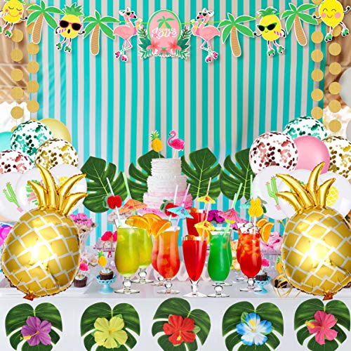 vamei 77 Piezas Aloha Hawaiano Decoración de Fiesta Verano Tropical Fiesta Aloha Banner Tropical Palm Leaves Piña Globo Cake Topper Pajas de Beber Látex Luau Fiesta Hawaiana Decoracion