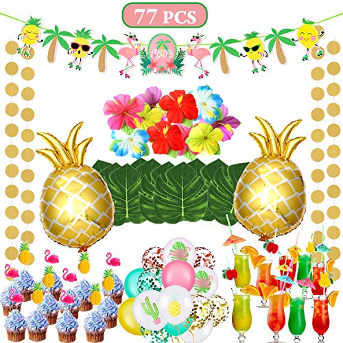 vamei 77 Piezas Aloha Hawaiano Decoración de Fiesta Verano Tropical Fiesta Aloha Banner Tropical Palm Leaves Piña Globo Cake Topper Pajas de Beber Látex Luau Fiesta Hawaiana Decoracion
