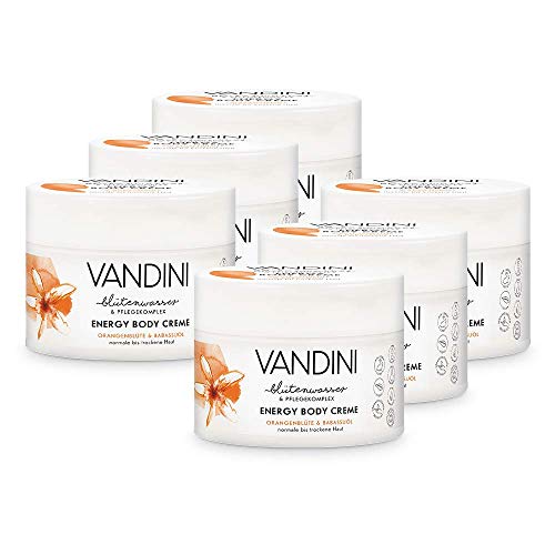 VANDINI Energy Body Crema para mujer con azahar y aceite de babassu, crema corporal y crema facial para piel normal a seca, crema corporal vegana para mujeres en pack de 6 (6 x 200 ml)