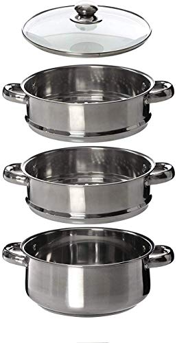 Vaporizador de cocina de acero inoxidable con 3 niveles de 24 cm, con tapa de cristal y tapa de ventilación