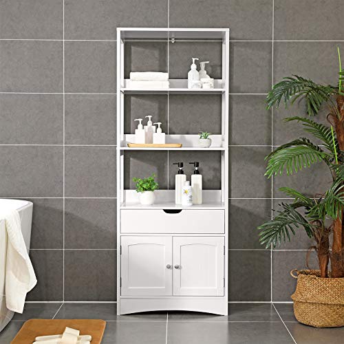 VASAGLE Armario de Baño, Armario Alto, Estantería Libre, con 3 Estantes Abiertos, 1 Cajón y 1 Armario, 60 x 32,5 x 154 cm, para Entrada, Cocina, Sala de Estudio, Blanco BBC67WT