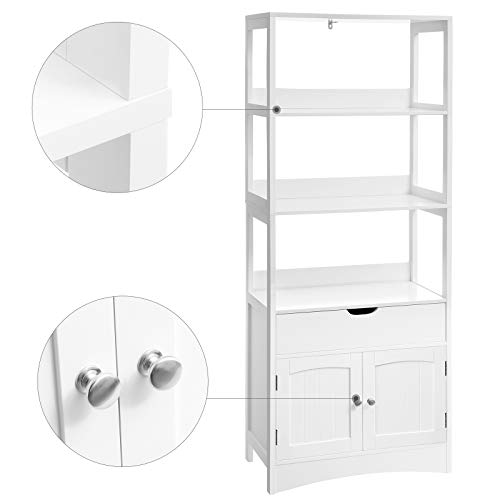 VASAGLE Armario de Baño, Armario Alto, Estantería Libre, con 3 Estantes Abiertos, 1 Cajón y 1 Armario, 60 x 32,5 x 154 cm, para Entrada, Cocina, Sala de Estudio, Blanco BBC67WT