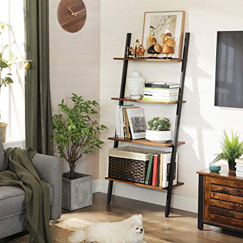 VASAGLE Estantería de Diseño Industrial, de 4 Capas, Librería, de Pared, para Sala de Estar, Cocina, Oficina, Acero, Estable, Inclinado, Apoyado contra la Pared, Marrón Rústico y Negro LLS43BX