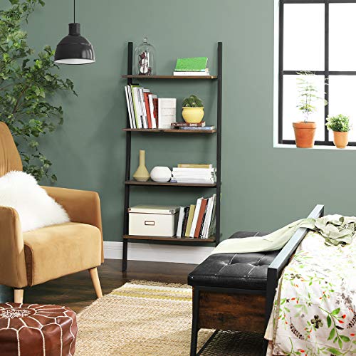 VASAGLE Estantería de Diseño Industrial, de 4 Capas, Librería, de Pared, para Sala de Estar, Cocina, Oficina, Acero, Estable, Inclinado, Apoyado contra la Pared, Marrón Rústico y Negro LLS43BX