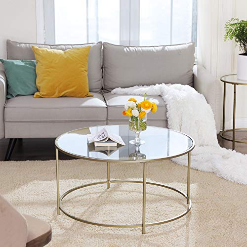 VASAGLE Mesa de Centro Redonda, Mesa de Cristal con Marco de Acero Dorado, Mesa de Salón, Mesa de Café, Robusta, Estable, Decorativa, Color Dorado LGT21G