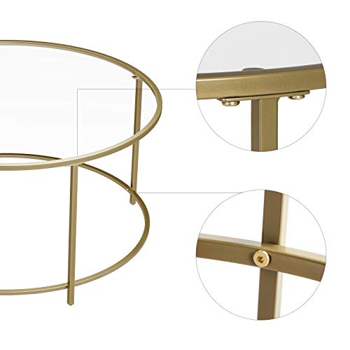 VASAGLE Mesa de Centro Redonda, Mesa de Cristal con Marco de Acero Dorado, Mesa de Salón, Mesa de Café, Robusta, Estable, Decorativa, Color Dorado LGT21G