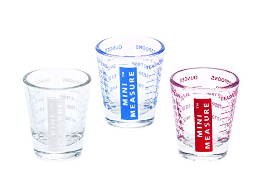 Vaso de chupito de medición, multiusos, líquido y seco, vidrio pesado, 26 medidas incrementales para cucharas, cucharadas, onzas y mililitros, Red, White, and Blue, 3 unidades
