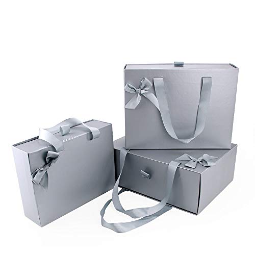 VEESUN Cajas de Regalo, 3pcs Grandes Cajón Cartón Bolsas de Regalo Caja de Papel Kraft con Manejar, Papel de Regalo para Aniversario Boda Fiesta Comunion Navidad San Valentín Año Nuevo, Gris