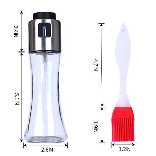 VEHHE Pulverizador Aceite 180ml Aceitera Spray, Dispensador Aceite de Oliva, Spray Aceite Cocina para Barbacoa, Horneando, Botella de Vidrio y Acero Inoxidable, con 3pcs Silicona Cepillo de Aceite