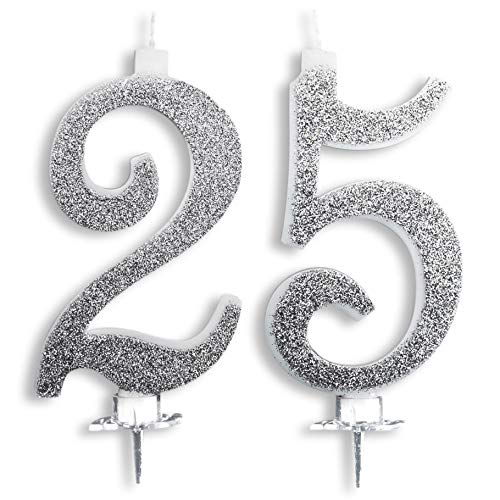 Velas Maxi 25 años de Boda Fiesta cumpleaños 25 años decoración Velas para Tarta Aniversario Tarta 25 “Fiesta Tema” Altura 13 cm Plata Purpurina
