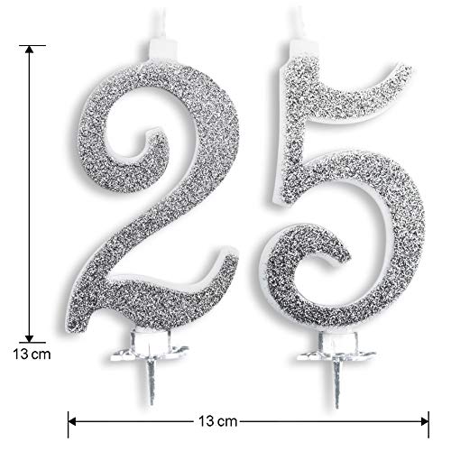 Velas Maxi 25 años de Boda Fiesta cumpleaños 25 años decoración Velas para Tarta Aniversario Tarta 25 “Fiesta Tema” Altura 13 cm Plata Purpurina