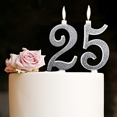Velas Maxi 25 años de Boda Fiesta cumpleaños 25 años decoración Velas para Tarta Aniversario Tarta 25 “Fiesta Tema” Altura 13 cm Plata Purpurina