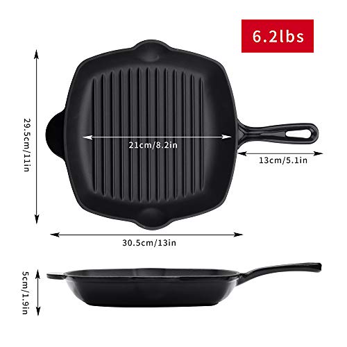Velaze Sartén de Hierro Fundido, Sarten de Esmalte Cuadrada Pre-Seasoned de Negro para Cocina con Gas, Horno y Inducción, Alta Calicidad de Hierro Fundido con Mango de Sarten, Cuadrado - 28cm
