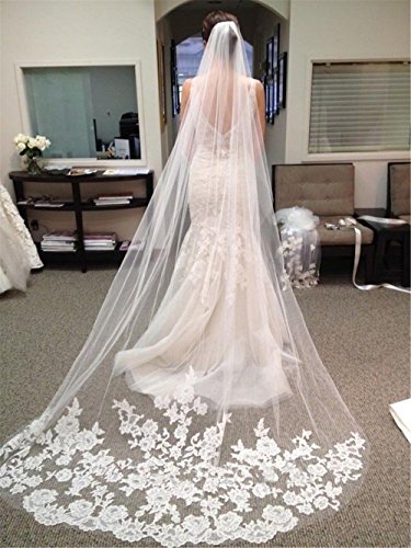 Velo de Novia de una Sola Capa Lianshi Bridal Veil Encaje Bordado Novia Suministros 3m (Ivory)
